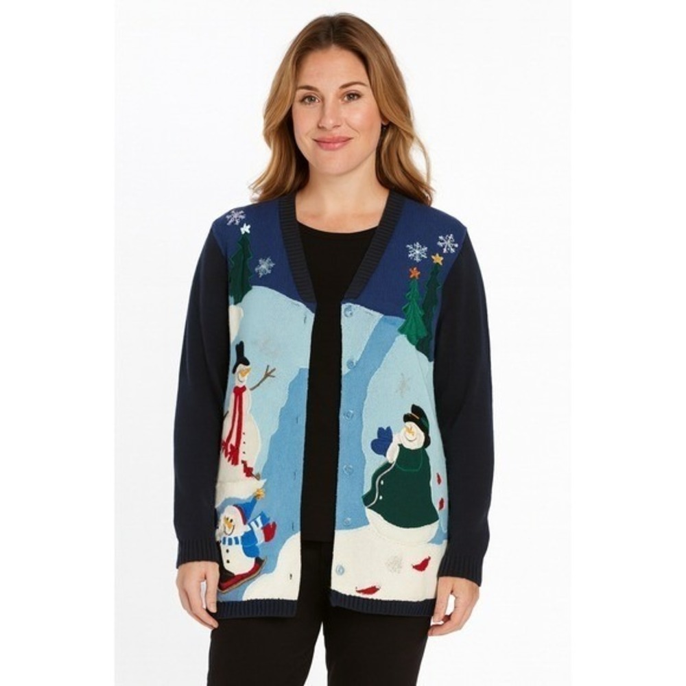 The Quacker Factory Snowman Winter Holiday Sweater‎ Embroidered Beaded Cardigan